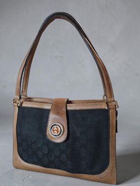 Gucci Vintage Black Canvas Shoulder Bag with Brown Leather Trim And Free Pouch